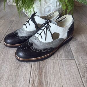 Girotti  women shoes Leather Black Gray & White Wingtip Oxford Lace-Up Shoes